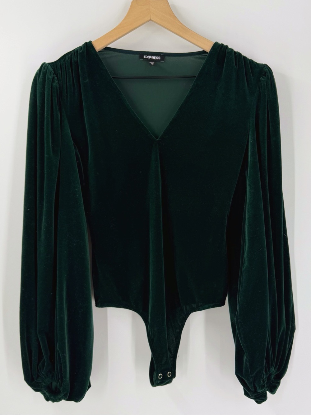 Express Emerald Green Velvet Puff Sleeve Bodysuit XS Holiday Christmas